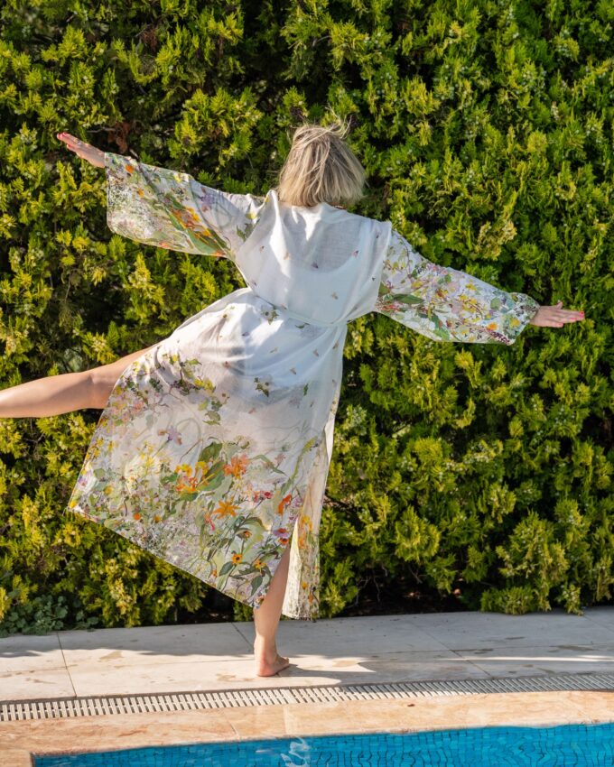 Floral Cover Up Krem Keten Kimono - Görsel 2